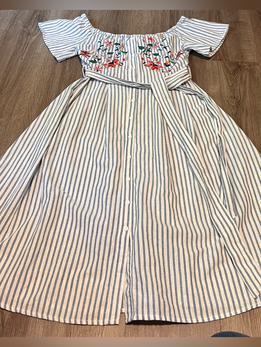 Jealous Tomato Blue & White Striped Dress With Beautiful Embroidery, 100% Cotton